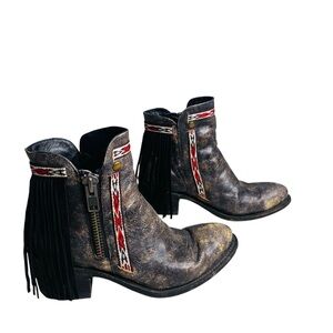 Corral Distressed Black/Brown Leather Fringe Ankle Boots with Red Aztec Trim